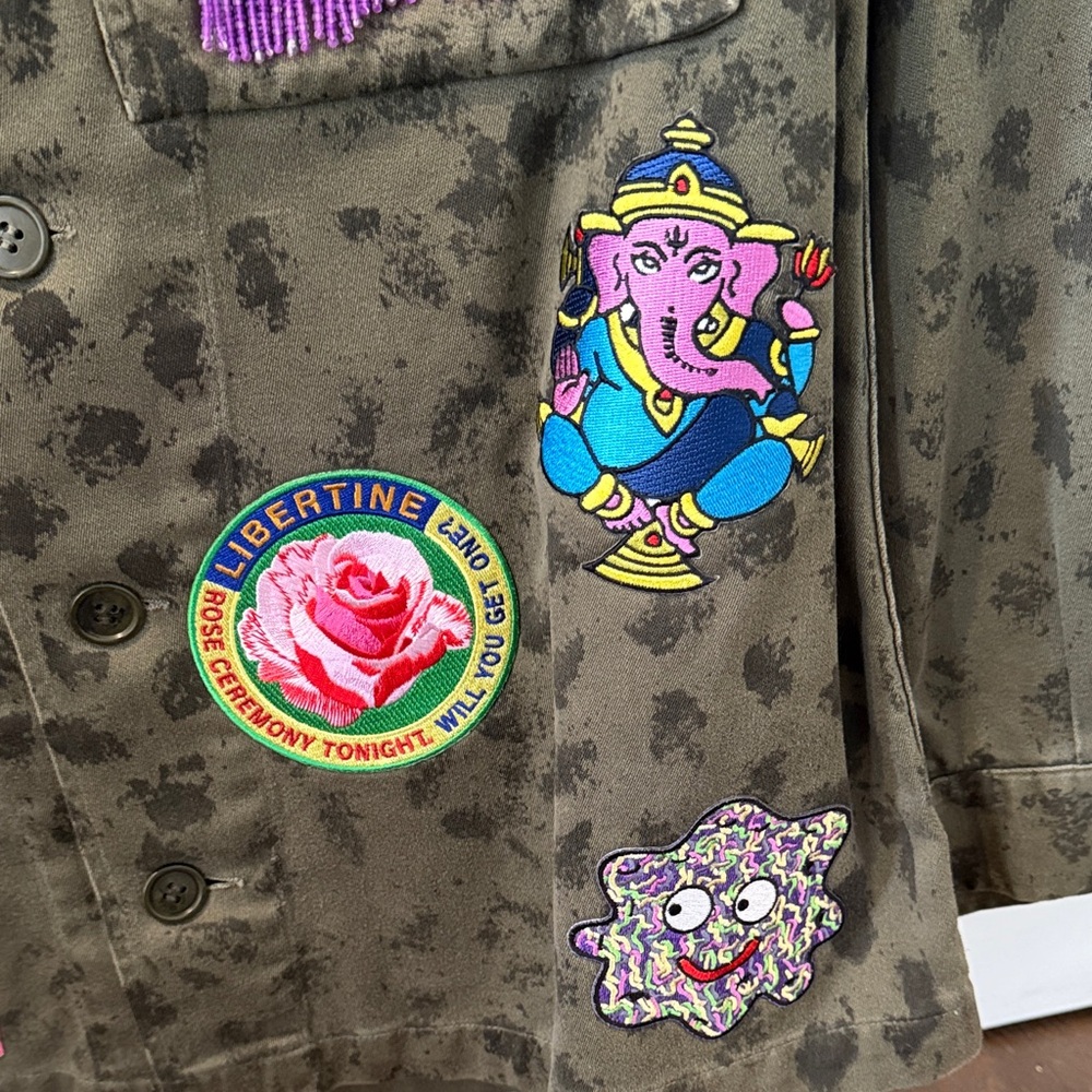 LIBERTINE Olive Green Patchwork Jacket with Colorful Embroidered Patches - Picture 5 of 8